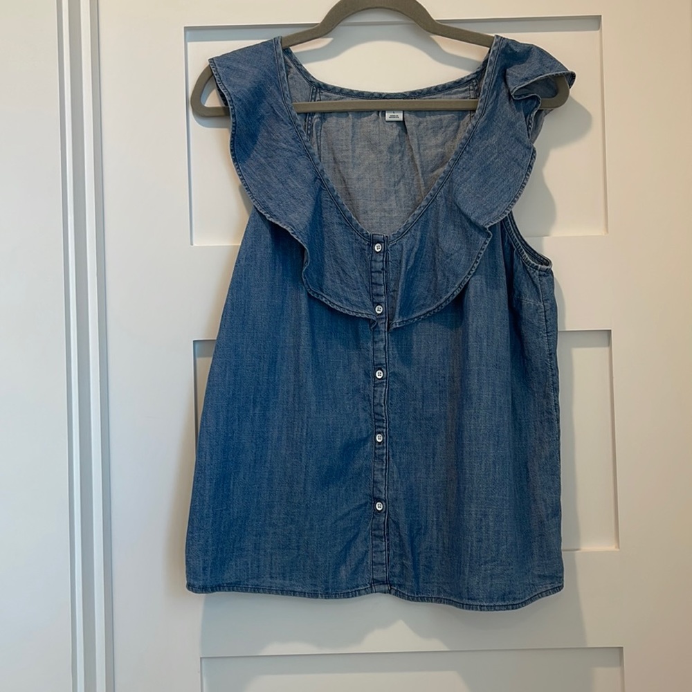 Chambray ruffle neck top